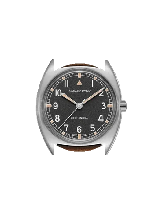 Khaki Aviation H76419531 with Vintage Brown Calfskin Strap — Natural Patina