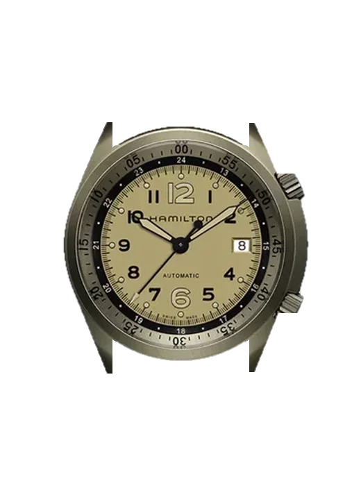 Khaki Aviation H80435895 with Vintage Brown Calfskin Strap — Natural Patina