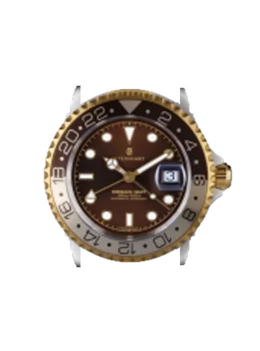Ocean Ocean One GMT two- tone CHOCOLATE Taucheruhr mit Verstellbarer Lünette mit Vintage Kalbslederarmband Braun — Natürliche Patina