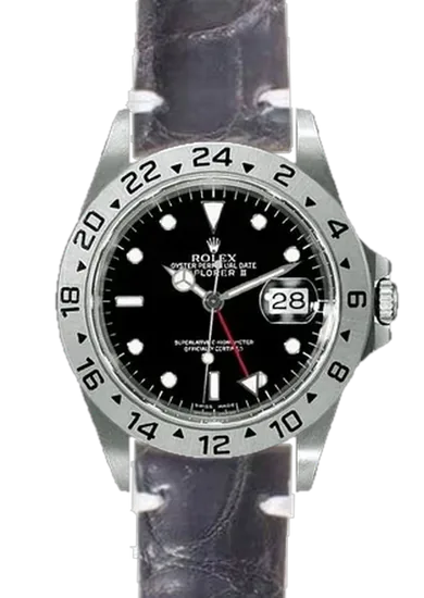 Explorer II 16570-0004 con Correa de cocodrilo negro con ribetes blancos