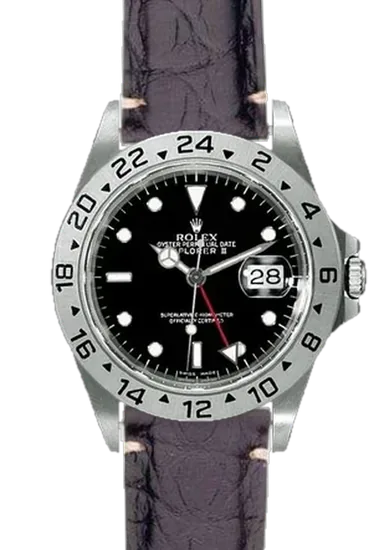 Explorer II 16570-0004 con Correa de cocodrilo negro mate — Costuras discretas