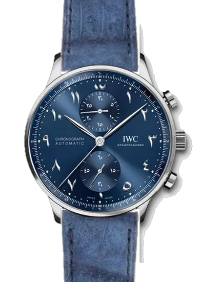 Portugieser IW3714-89 con Cinturino Alligatore Nubuck Blu — Cucito a Mano
