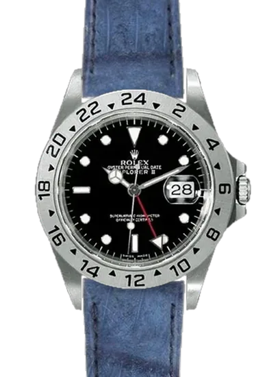 Explorer II 16570-0004 con Correa de piel de cocodrilo en nubuck azul — Cosida a mano
