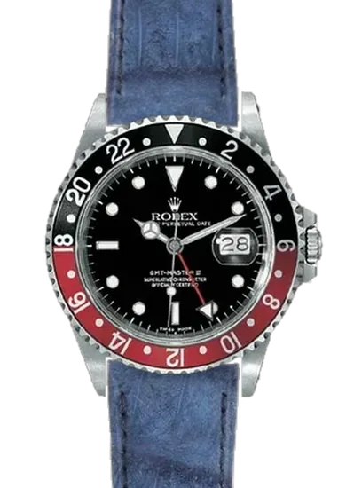 GMT-Master 16710 Coke with Blue Nubuck Alligator Strap — Hand-Stitched