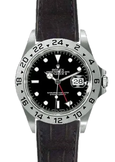 Explorer II 16570-0004 con Correa de piel de cocodrilo en nubuck negro con costuras a juego cosidas a mano