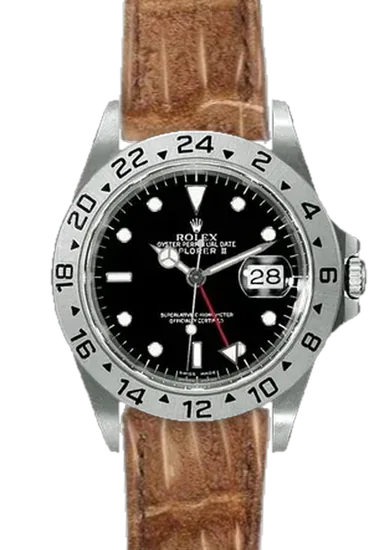 Explorer II 16570-0004 con Correa de nubuck de cocodrilo GOLD — Cosida a mano