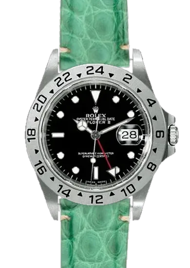 Explorer II 16570-0004 con Correa de cocodrilo verde Millennium — Costuras discretas