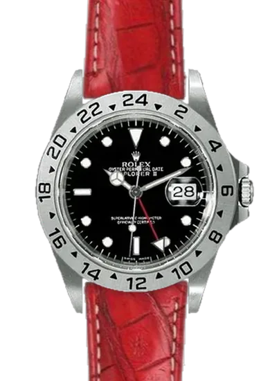 Explorer II 16570-0004 con Correa de caimán Latirostris rojo mate — Cosida a mano