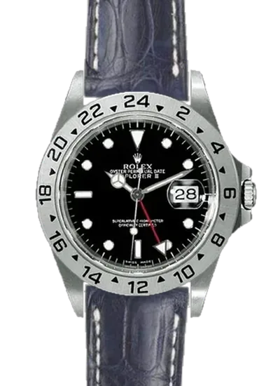 Explorer II 16570-0004 con Correa de caimán azul mate cosida a mano
