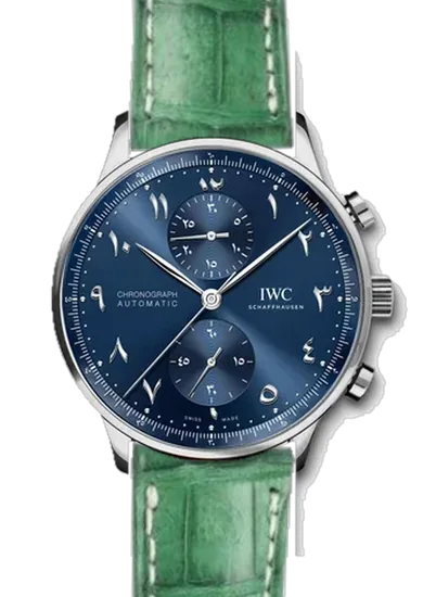 Portugieser IW3714-89 con Cinturino Caiman Opaco Verde Militare — Cucito a Mano