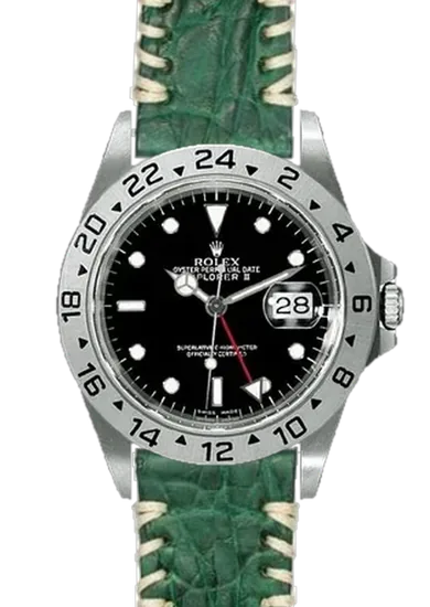 Explorer II 16570-0004 con Correa de cocodrilo con acabado de goma en verde y costuras tribales en color crudo