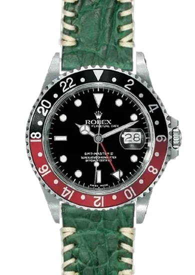 GMT-Master 16710 Coke with Green Rubberized Alligator Strap with Ecru Tribal Stitching