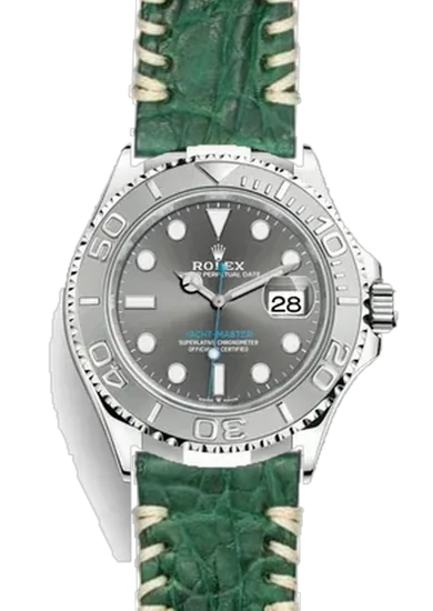 Yacht-Master 126622-0001 con Correa de cocodrilo con acabado de goma en verde y costuras tribales en color crudo