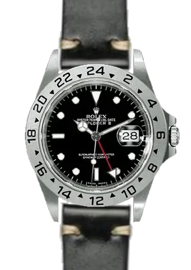 Explorer II 16570-0004 con Correa de cordobán negro con costuras en color crudo