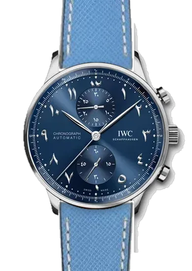 Portugieser IW3714-89 con Cinturino Pelle Saffiano Azzurro Cuciture Ecru