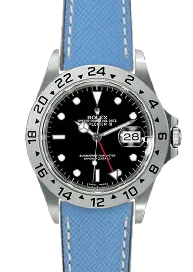 Explorer II 16570-0004 con Correa de piel Saffiano azul claro con costuras en color crudo