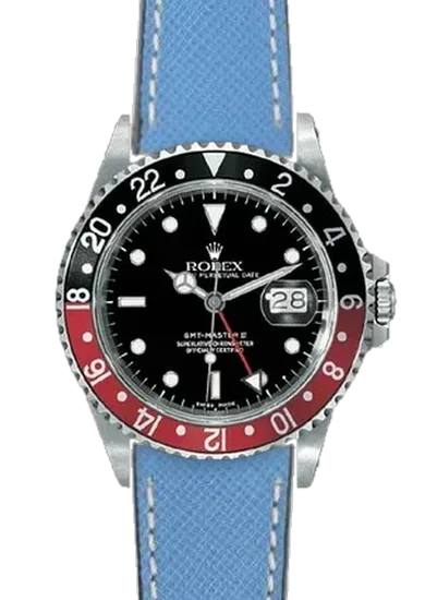 GMT-Master 16710 Coke with Saffiano Leather Strap Light Blue Ecru Stitching