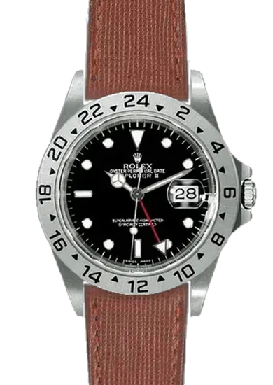 Explorer II 16570-0004 con Correa de piel Saffiano marrón — Costuras a tono