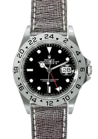 Explorer II 16570-0004 con Correa de piel Saffiano marrón oscuro con costuras de color crudo
