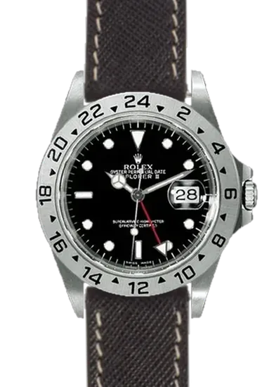 Explorer II 16570-0004 con Correa Saffiano negra con costuras en color crudo