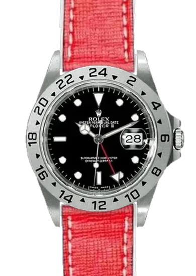 Explorer II 16570-0004 con Correa Saffiano roja con costuras en color crudo