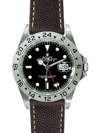 Explorer II 16570-0004 con Correa de piel de becerro martillada negra — Costuras en color crudo