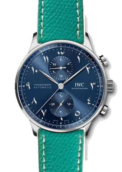 Portugieser IW3714-89 con Cinturino Vitello Martellato Verde con Cuciture Ecru
