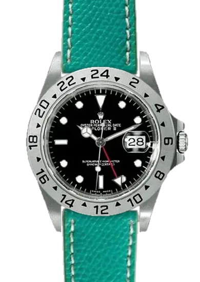 Explorer II 16570-0004 con Correa de piel de becerro martillada verde con costuras en color crudo