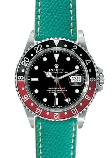 GMT-Master 16710 Coke with Hammered Calfskin Watch Strap Green with Ecru Stitching