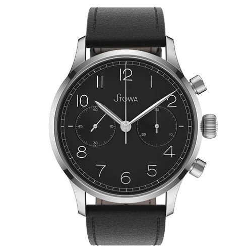 Stowa Chronograph Chronograph 1938 black polished leather strap black (hand stitched) — orologio